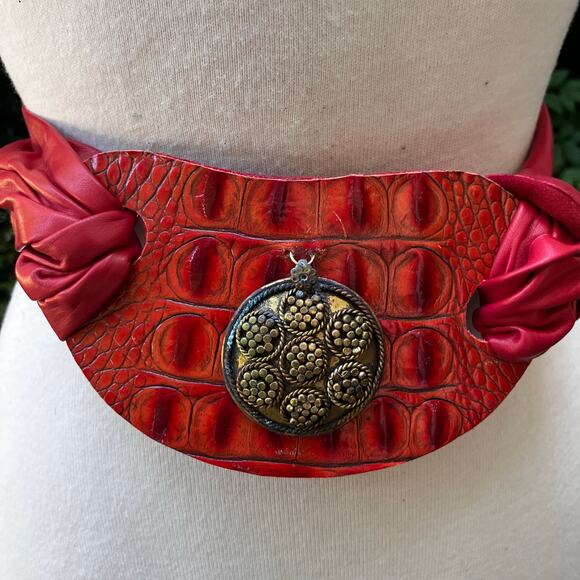 Handmade Leather Belt OOAK Tie Wrap 40” Red Croc Embossed Pendant Boho Festival - Picture 1 of 10